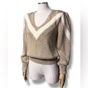 STAGG Tan V Neck Puff Sleeve Sweater Angora & Bead Accents VINTAGE